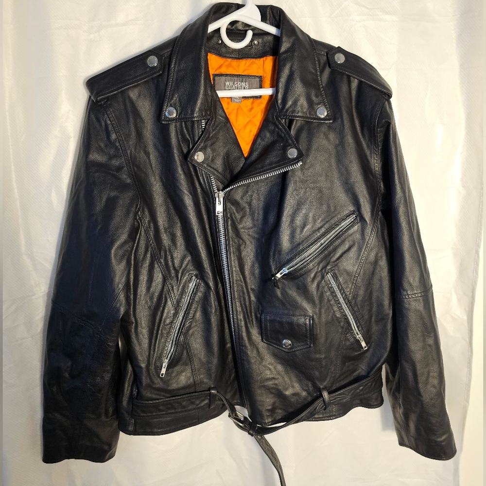 Wilsons Leather Black Biker Jacket with Orange Lining